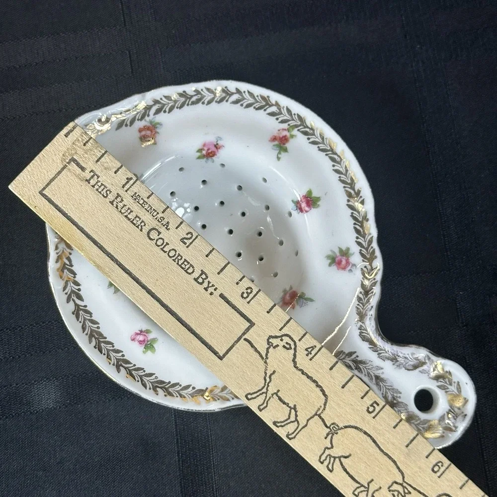 Antique Porcelain Handled Tea Strainer Pink‎ Roses Gold Laurel Shabby Chic